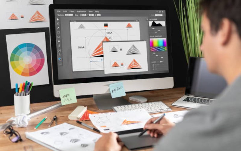 Graphic designer drawing sketches logo design. The concept of a new brand. Professional creative occupation with idea.